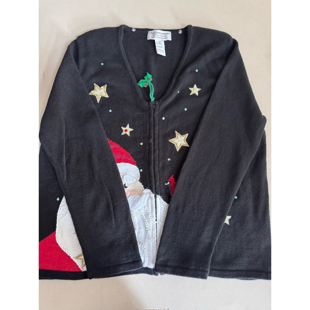 Vtg Christmas Cardigan Sweater XL Knit Full Zip Appliqué Cardinal Santa Novelty - Picture 4 of 16